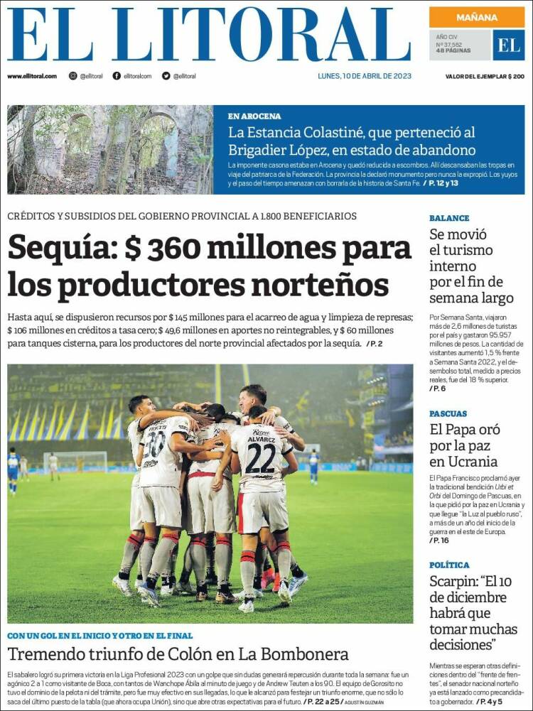 Portada de Diario El Litoral (Argentina)