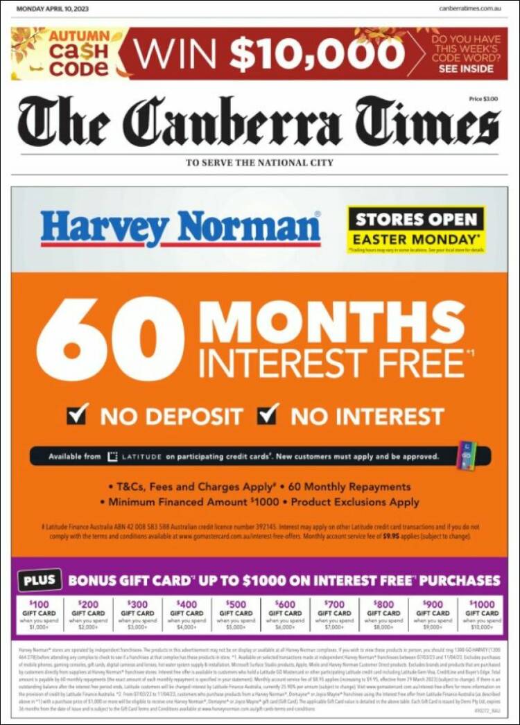 Portada de The Canberra Times (Australia)