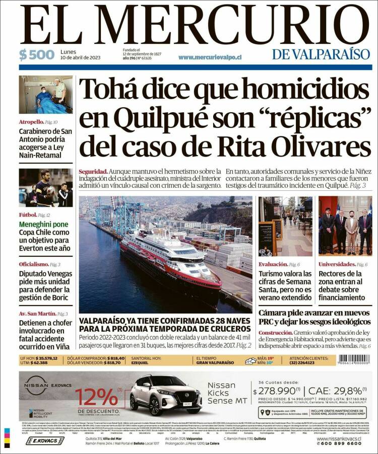 Portada de Mercurio de Valparaiso (Chile)