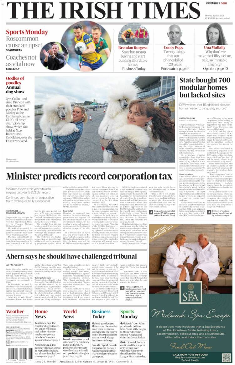 Portada de Irish Times (Irlanda)