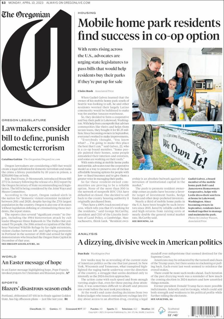 Portada de The Oregonian (USA)