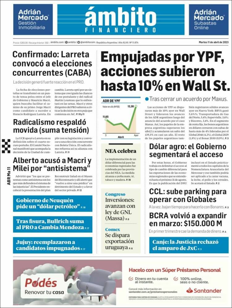 Portada de Diario Ambito Financiero (Argentina)