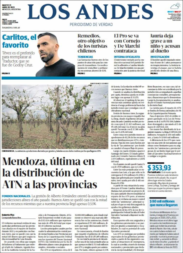 Portada de Los Andes - Mendoza (Argentina)