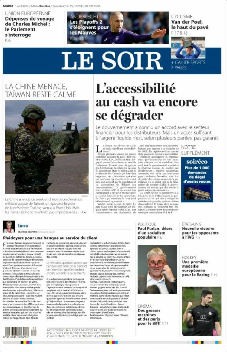 Portada de Le Soir (B&eacute;lgica)