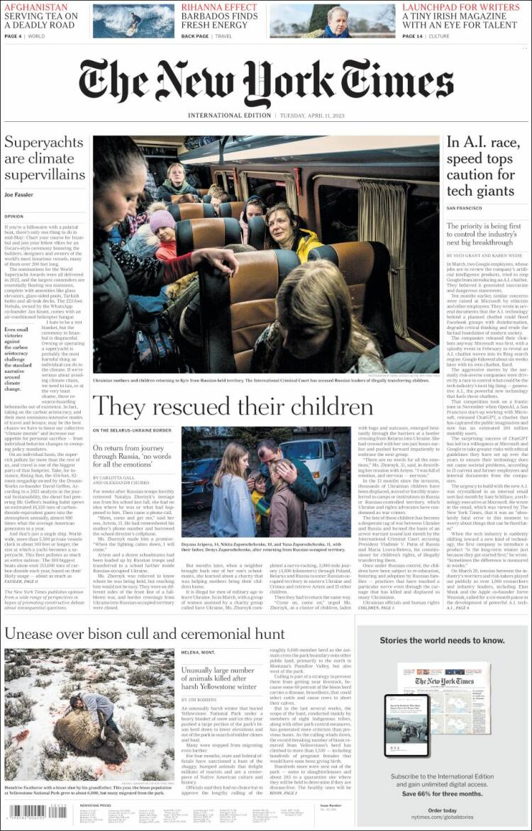 Portada de International New York Times (Europa)