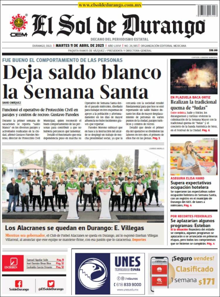 Portada de El Sol de Durango (M&eacute;xico)