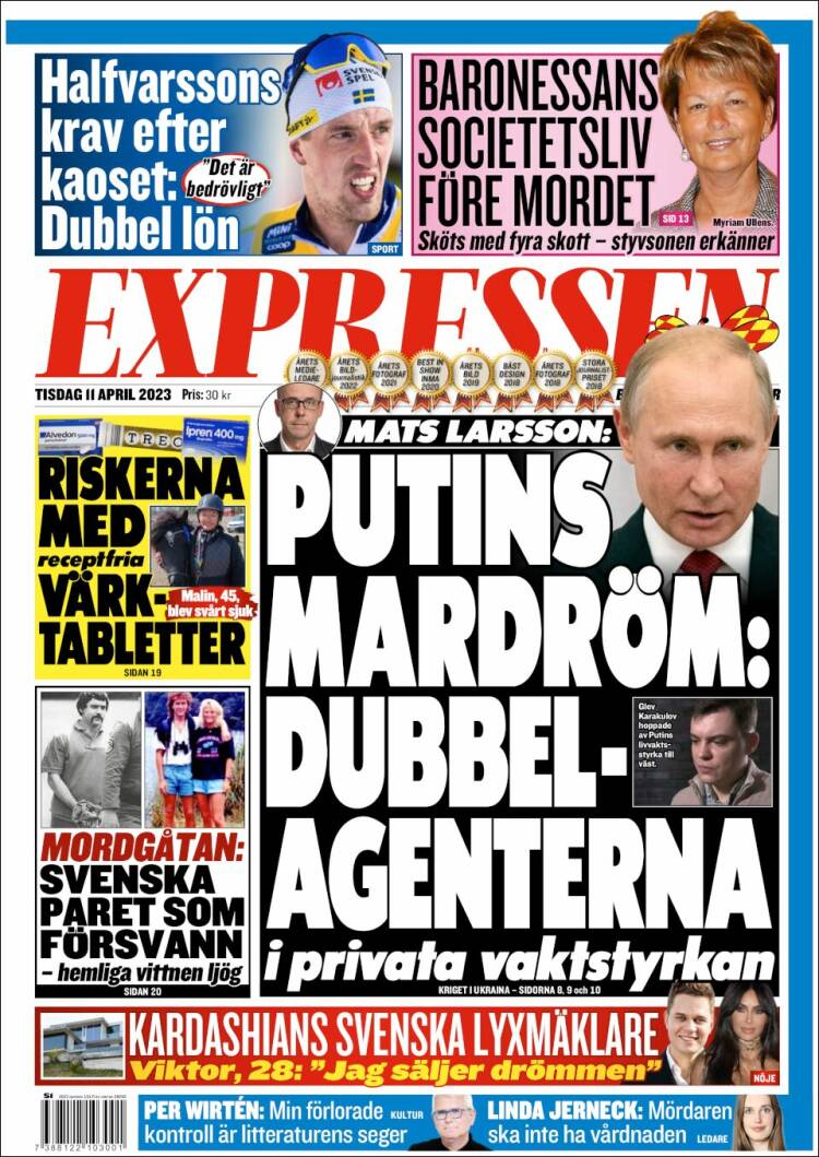 Newspaper Expressen (Sweden). Newspapers in Sweden. Today's press covers.  