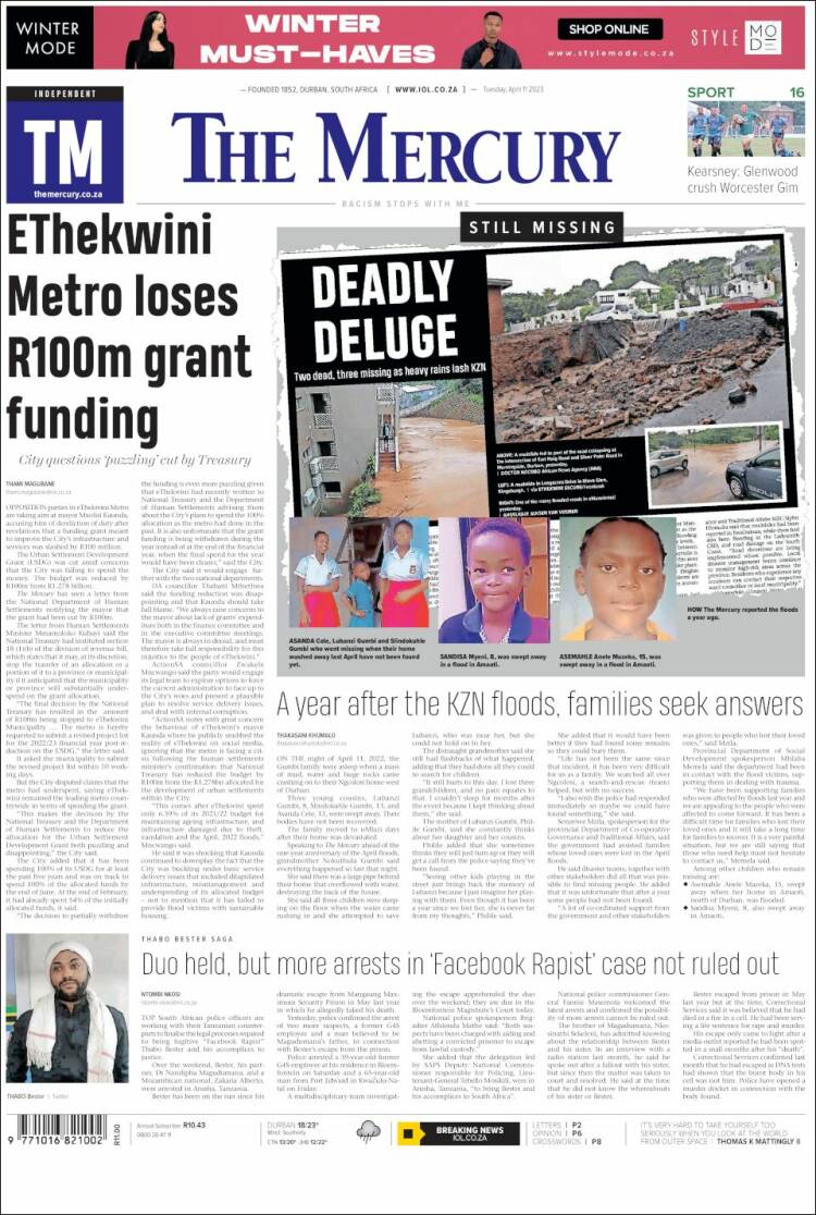 Portada de The Mercury (Sud&aacute;frica)