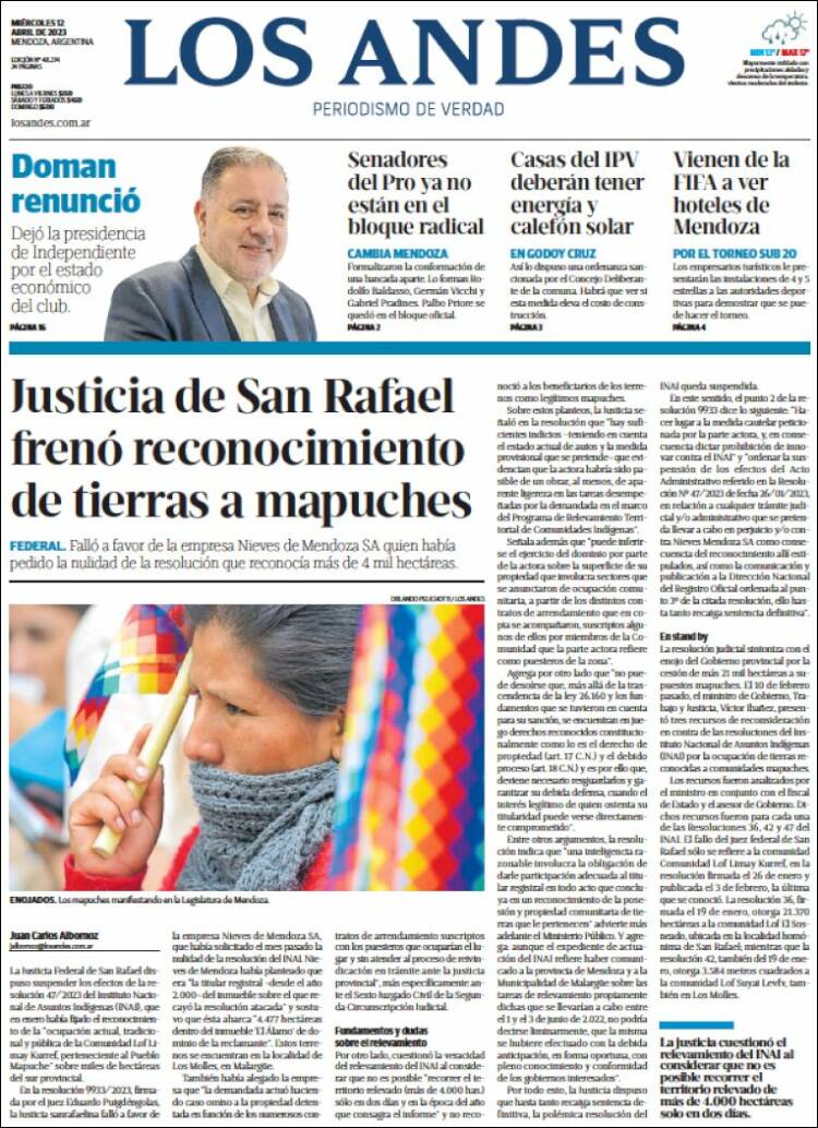 Portada de Los Andes - Mendoza (Argentina)