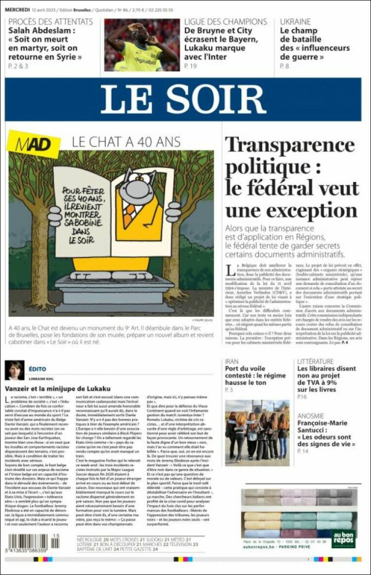 Portada de Le Soir (B&eacute;lgica)