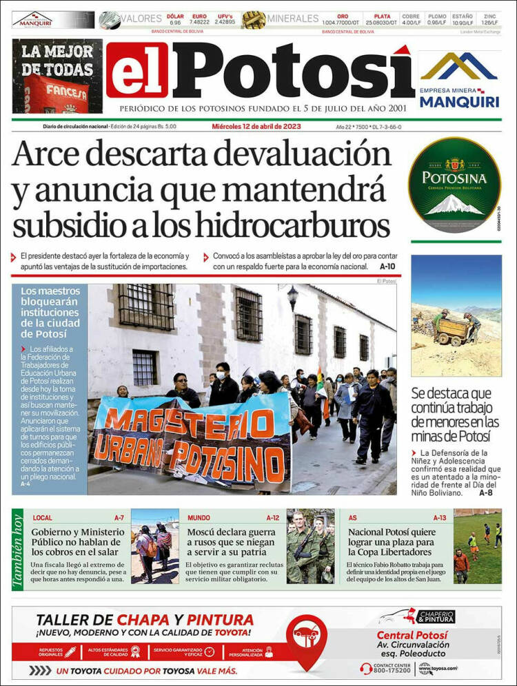 Portada de Diario de Potosí (Bolivia)