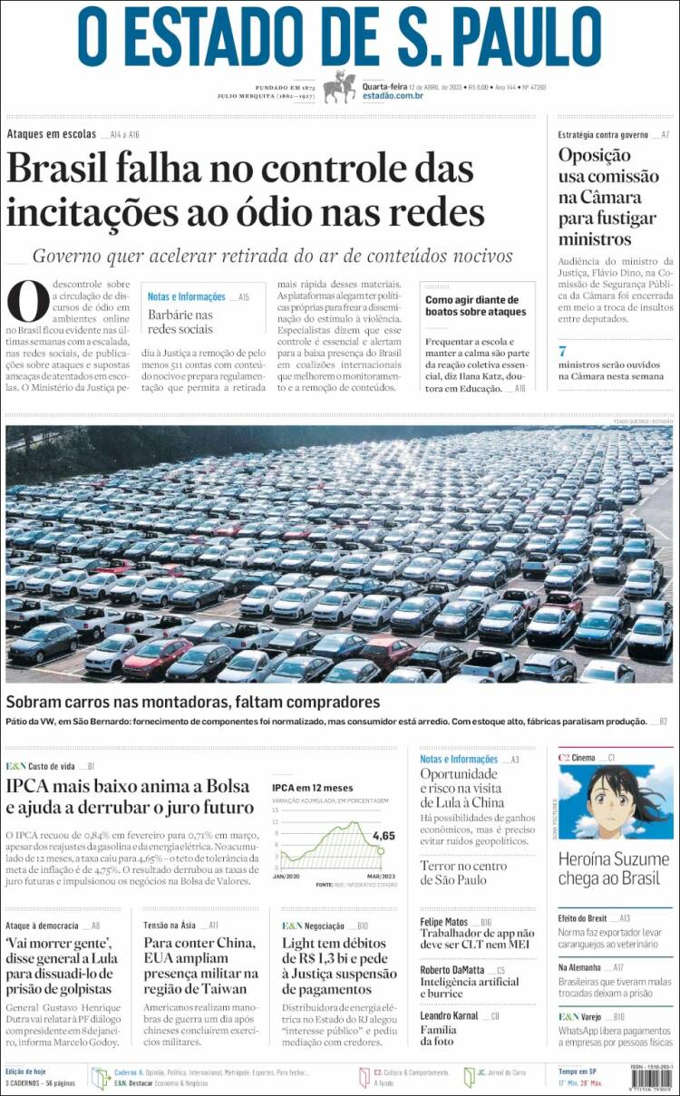 Portada de O Estado de São Paulo (Brasil)