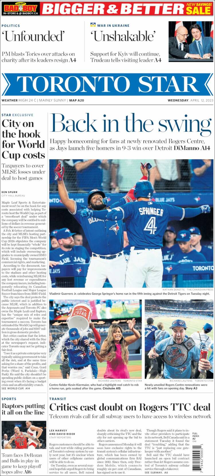 Portada de The Toronto Star (Canadá)