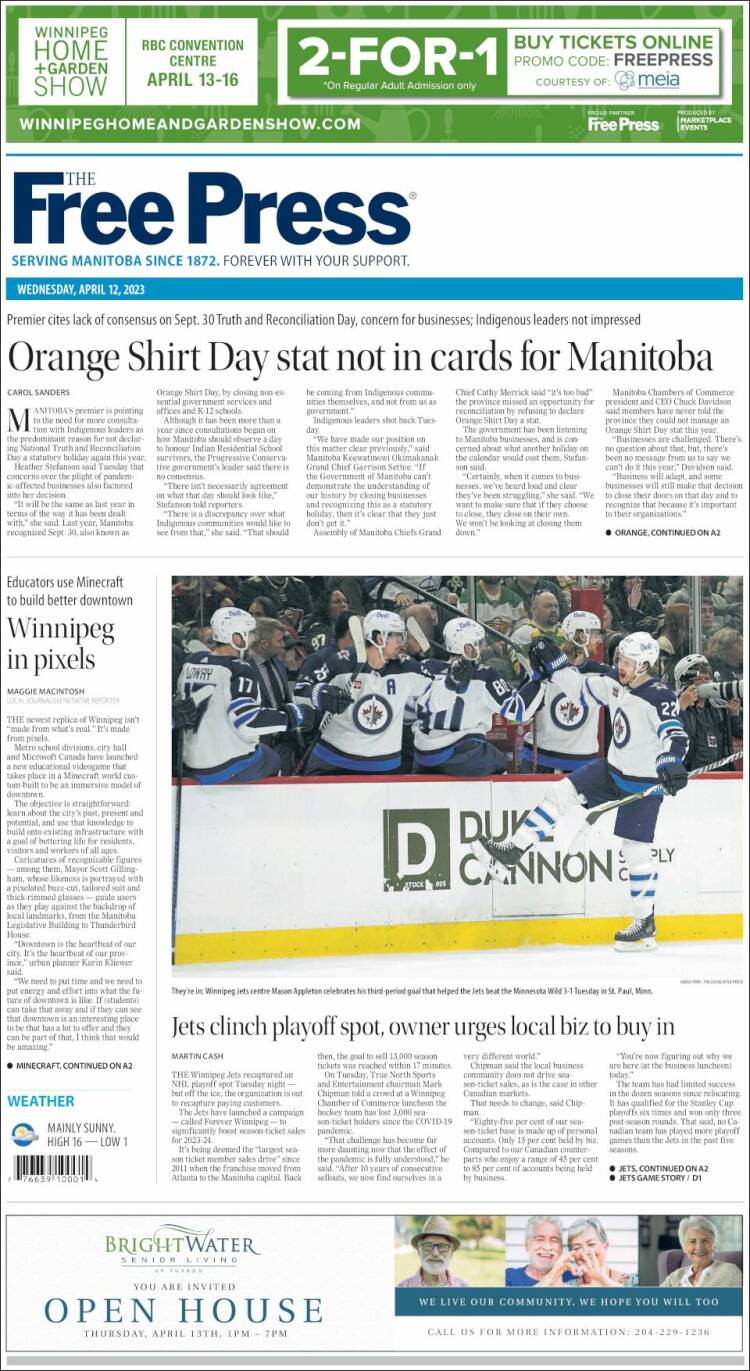 Portada de Winnipeg Free Press (Canadá)