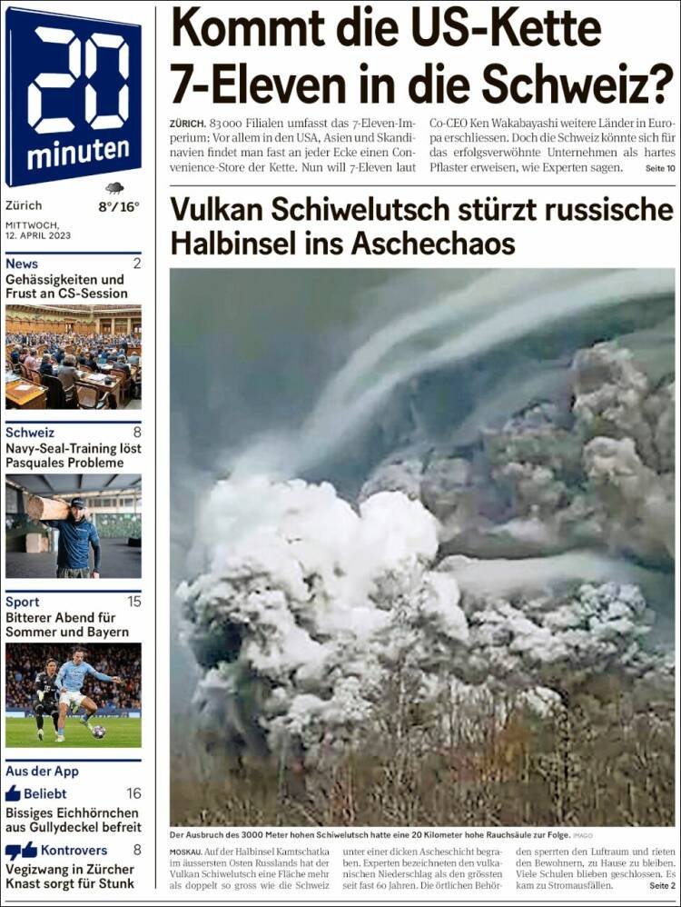 Portada de 20Minuten - Zürich (Suiza)