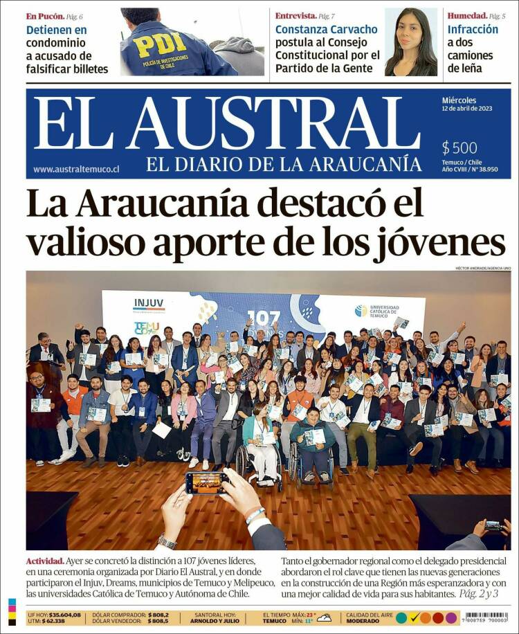 Portada de El Austral de Temuco (Chile)