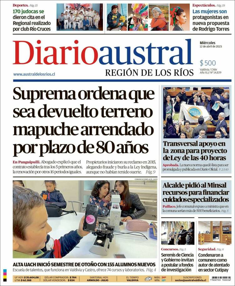 Portada de El Diario Austral de Valdivia (Chile)