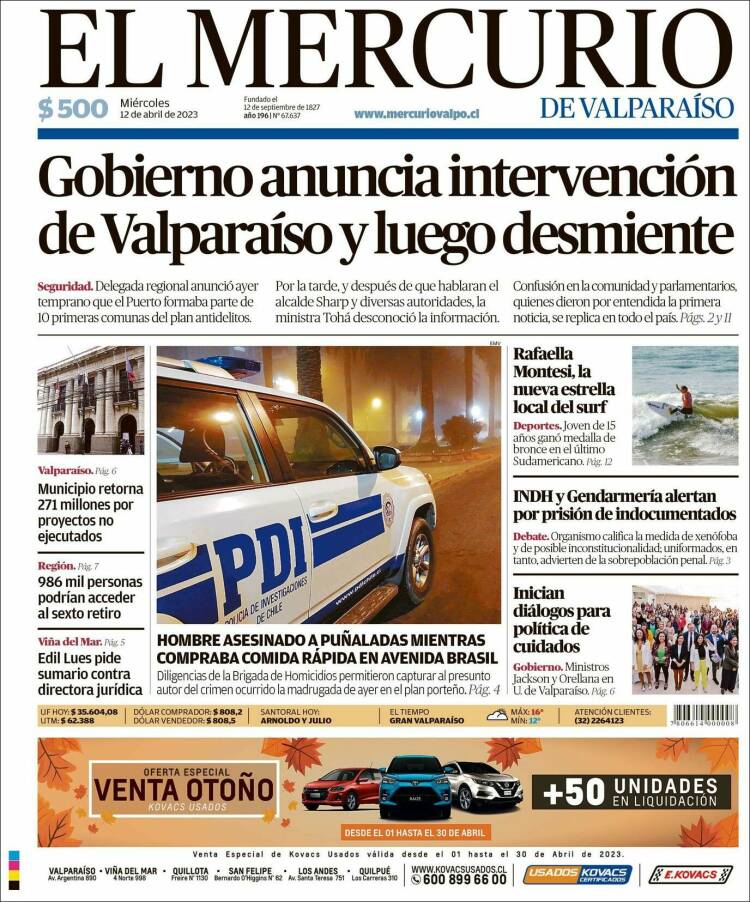 Portada de Mercurio de Valparaiso (Chile)