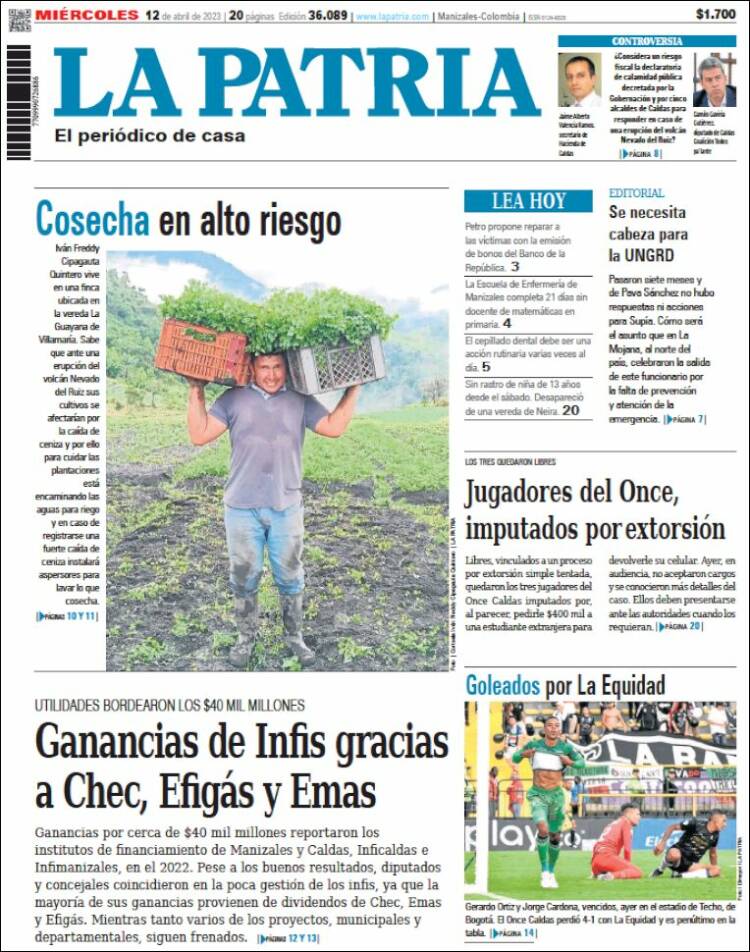 Portada de La Patria (Colombia)