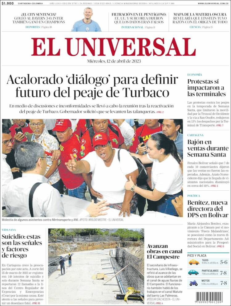 Portada de El Universal (Colombia)