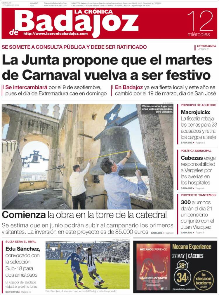 Portada de La Crónica de Badajoz (España)