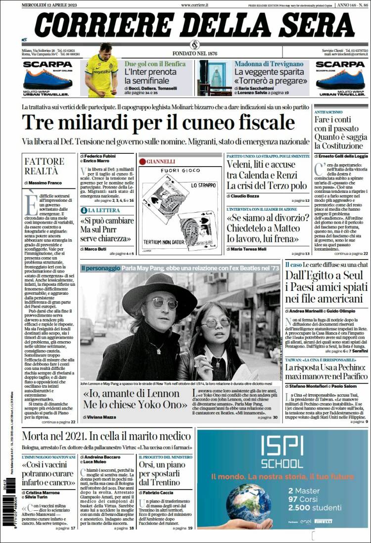 Portada de Corriere della Sera (Italia)