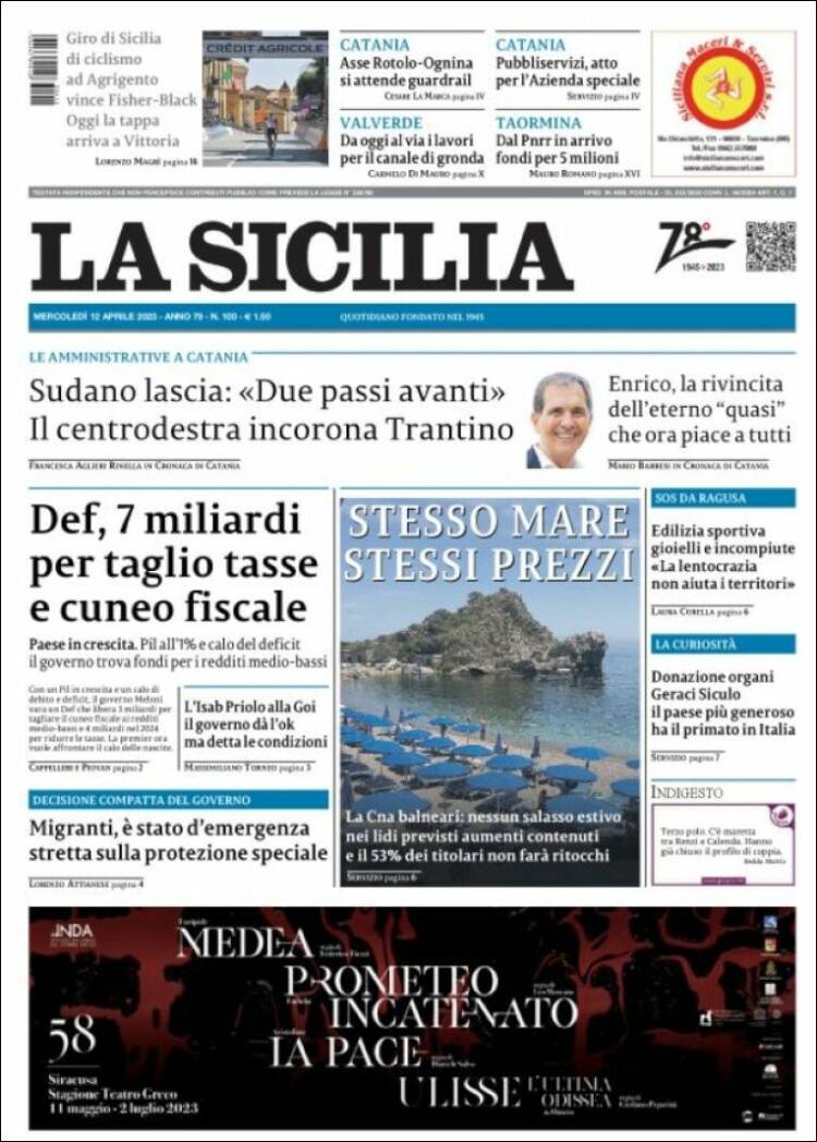 Portada de La Sicilia (Italia)