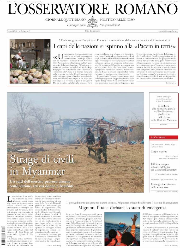 Portada de L'Osservatore Romano (Italia)