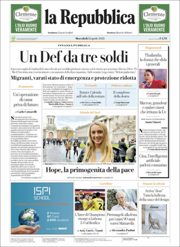 Portada de La Repubblica (Italia)