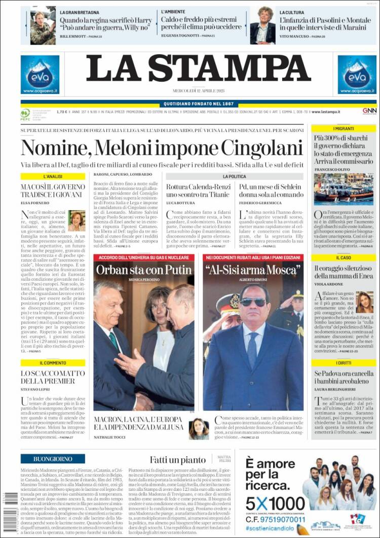 Portada de La Stampa (Italia)