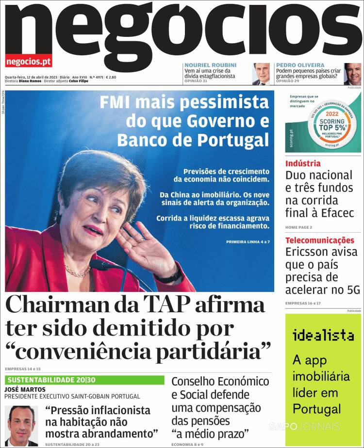 Portada de Jornal de Negócios (Portugal)