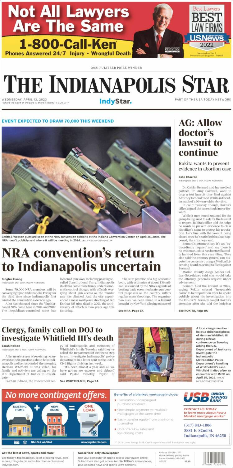 Portada de The Indianapolis Star (USA)