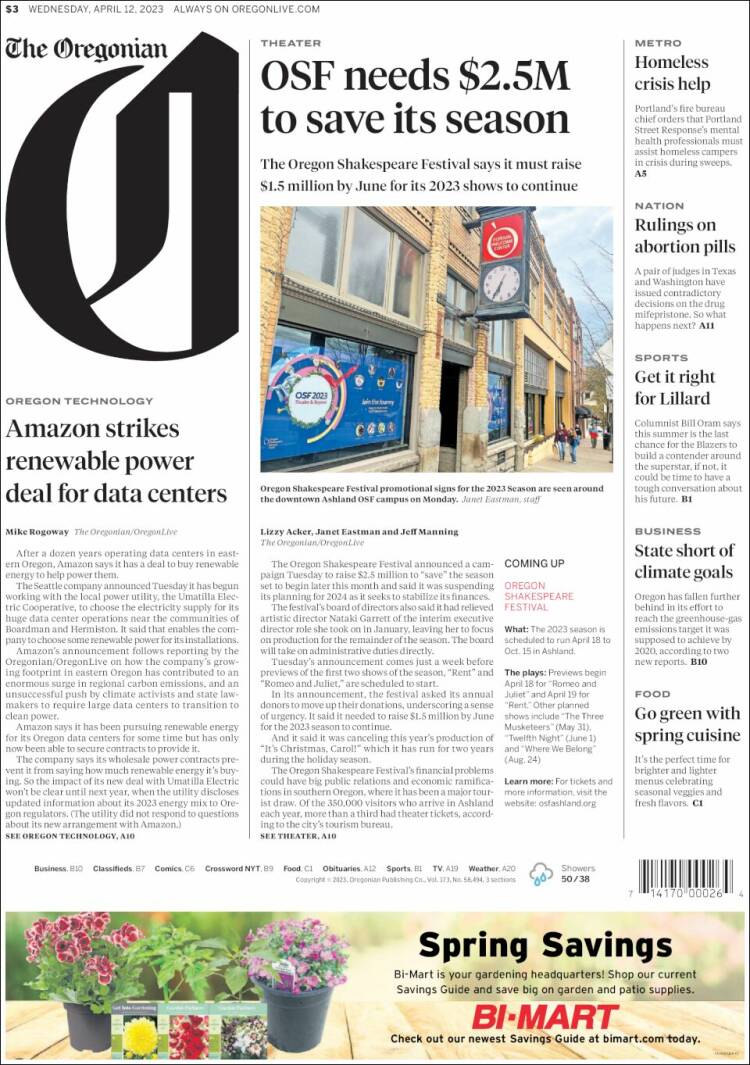 Portada de The Oregonian (USA)