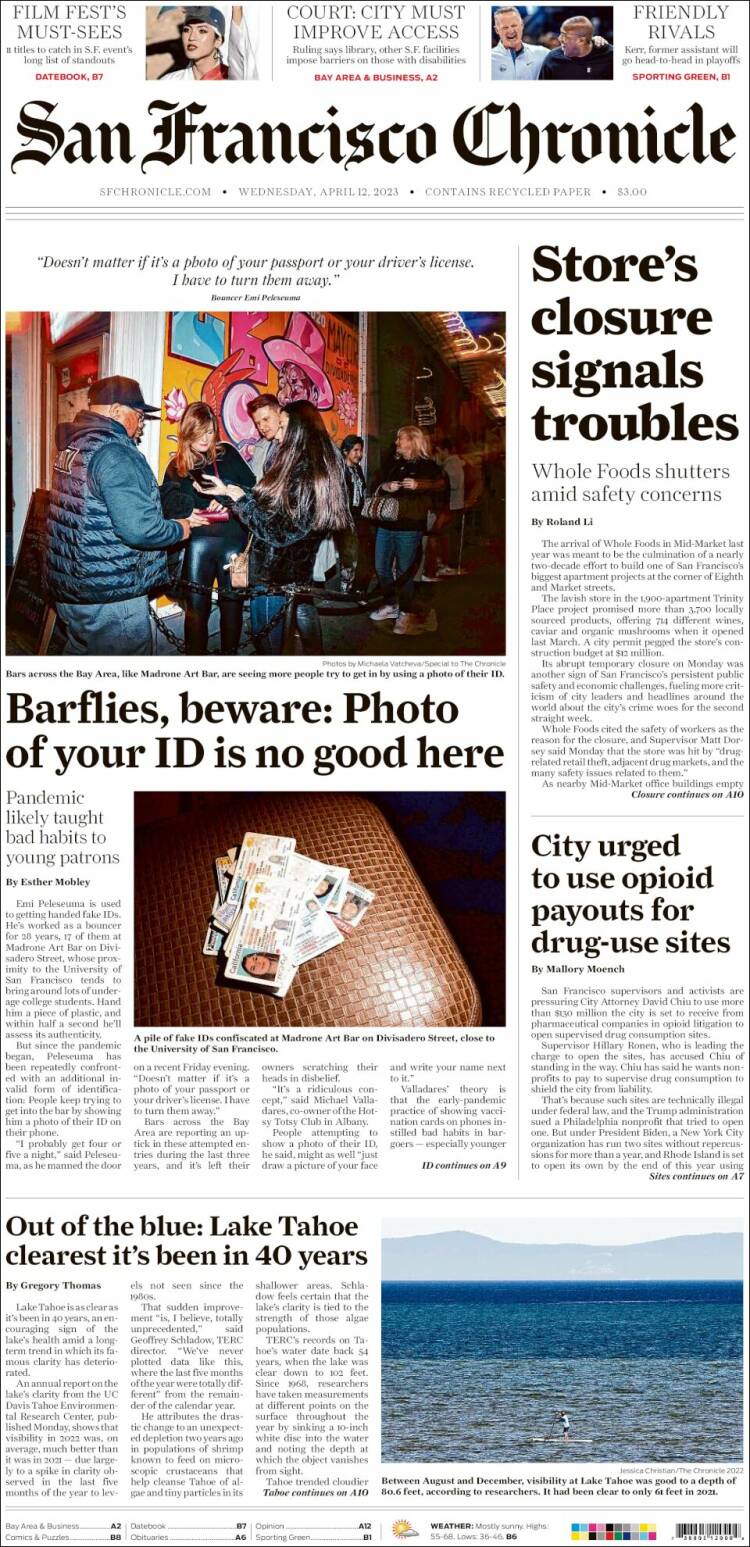 Portada de San Francisco Chronicle (USA)