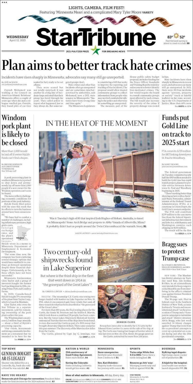 Portada de Star Tribune (USA)