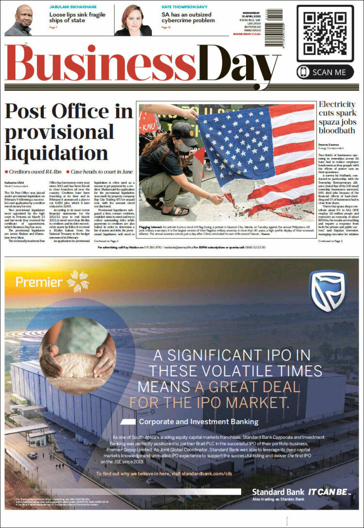 Portada de Business Day (Sud&aacute;frica)