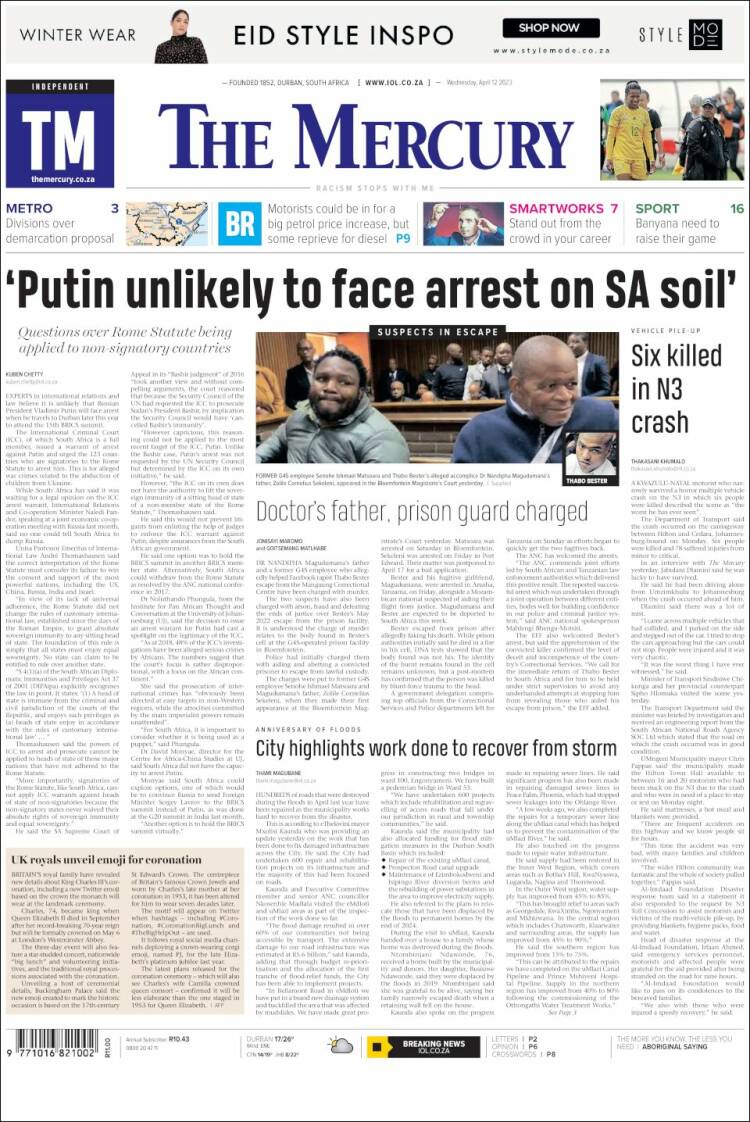 Portada de The Mercury (Sud&aacute;frica)