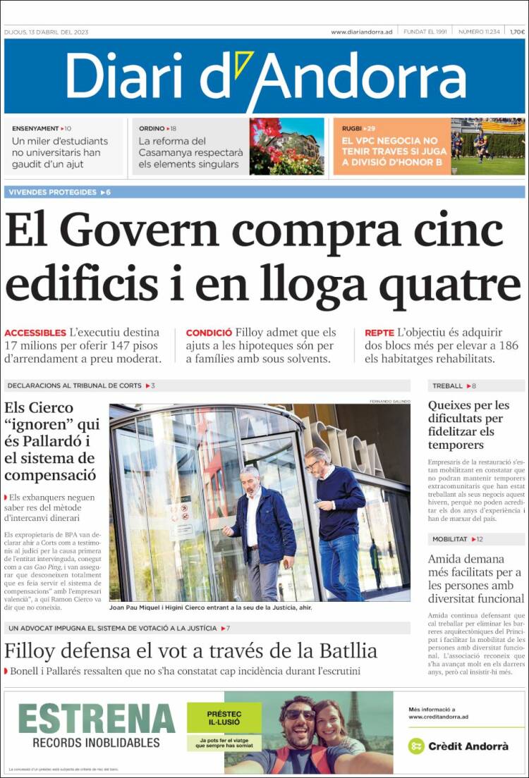 Portada de Diari d’Andorra (Andorra)