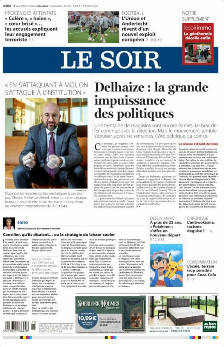 Portada de Le Soir (Belgique)