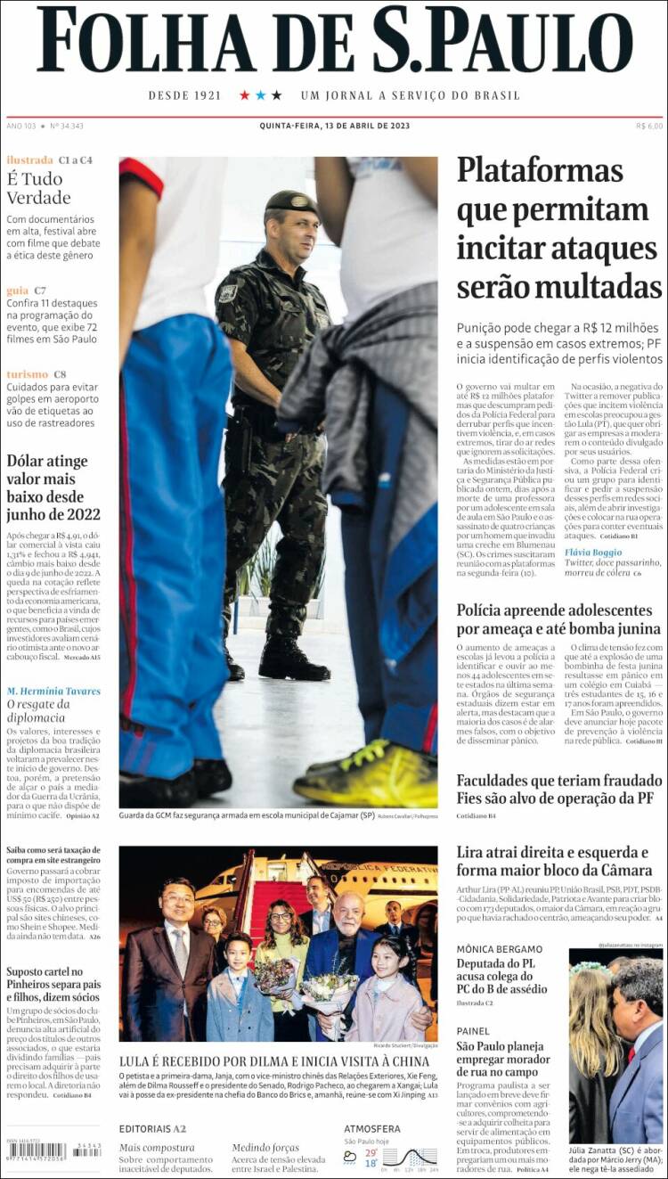 Portada de Folha de São Paulo (Brasil)