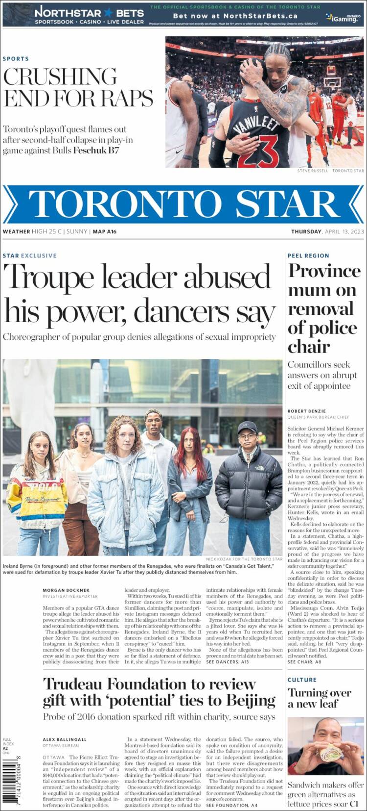 Portada de The Toronto Star (Canadá)