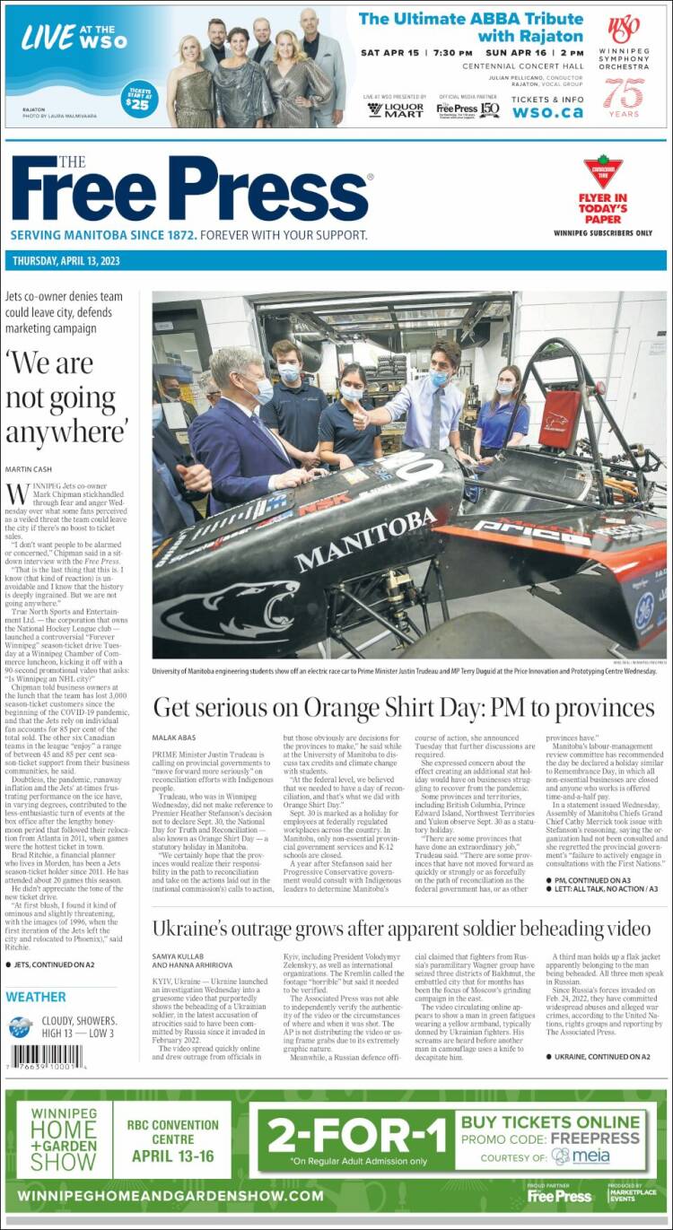 Portada de Winnipeg Free Press (Canadá)