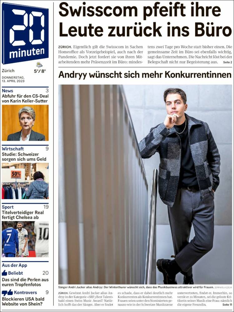 Portada de 20Minuten - Zürich (Suiza)