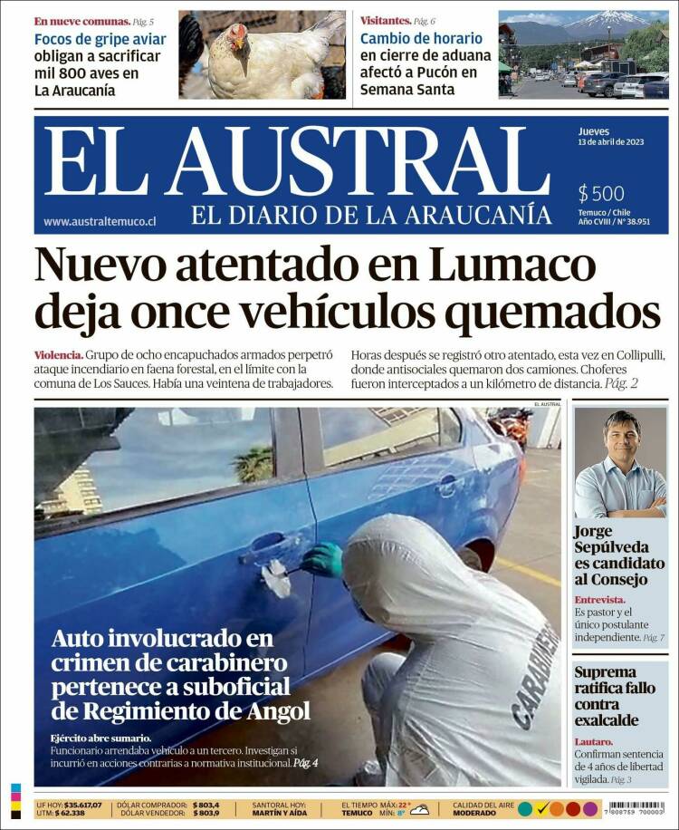 Portada de El Austral de Temuco (Chile)