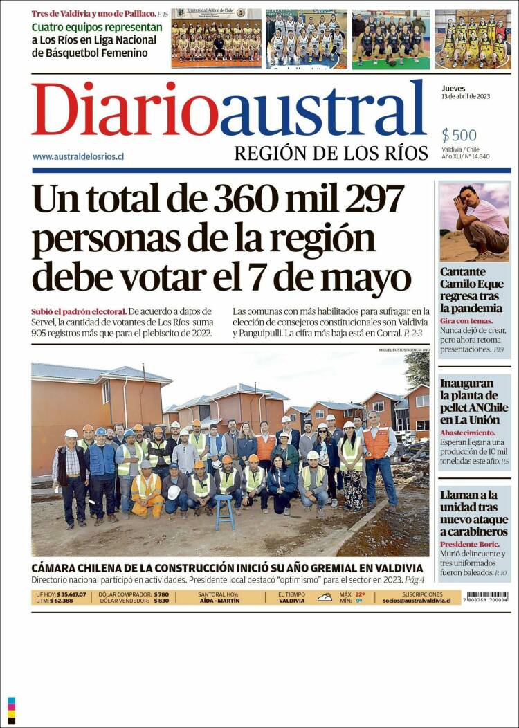 Portada de El Diario Austral de Valdivia (Chile)