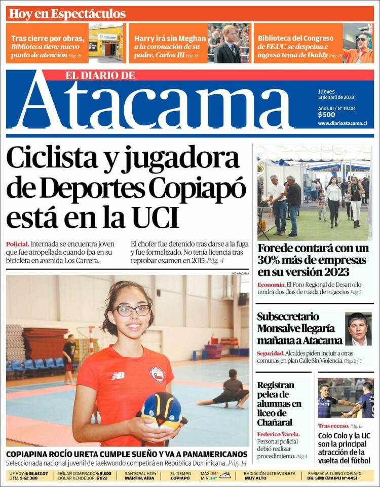 Portada de Diario de Atacama (Chile)