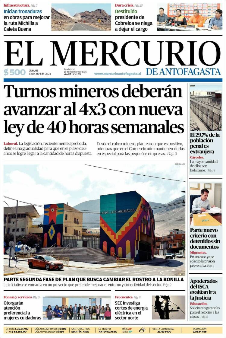 Portada de El Mercurio de Antofagasta (Chile)