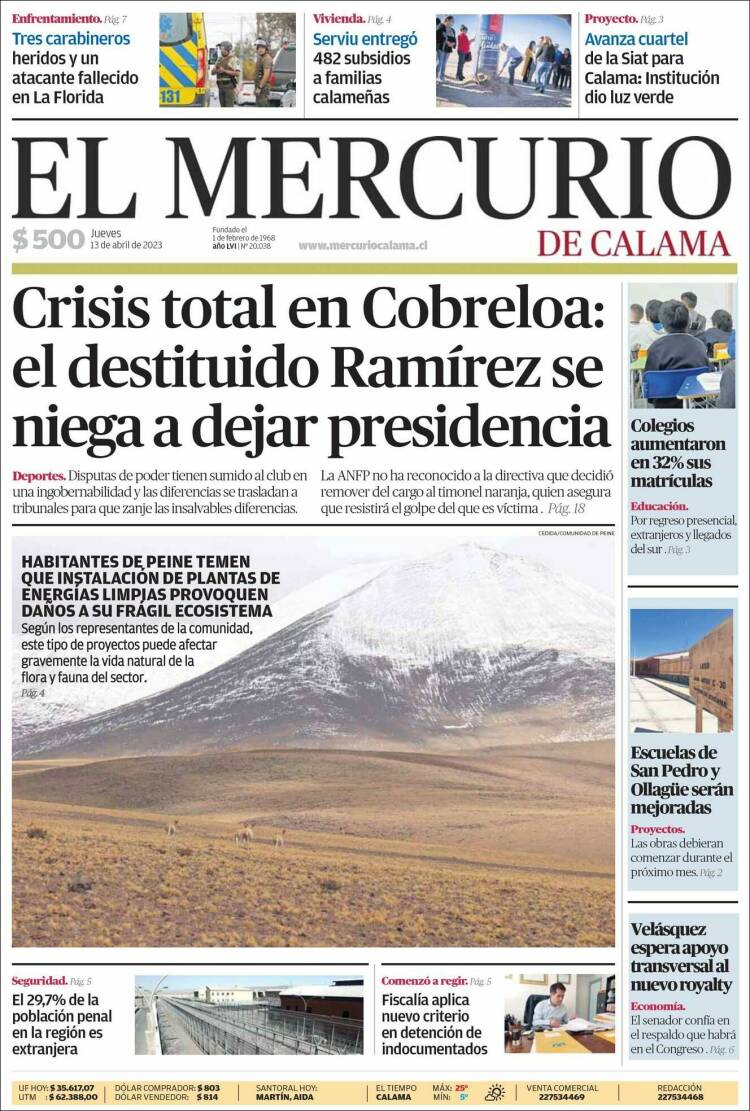 Portada de El Mercurio - Calama (Chile)