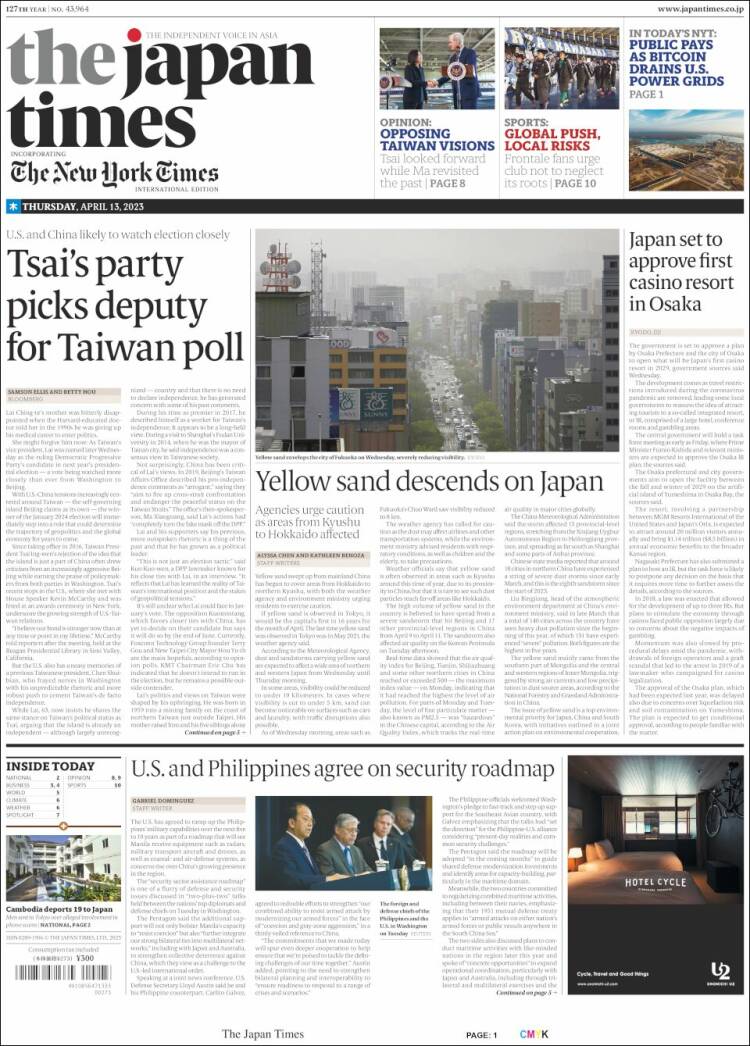 Portada de The Japan Times (Jap&oacute;n)