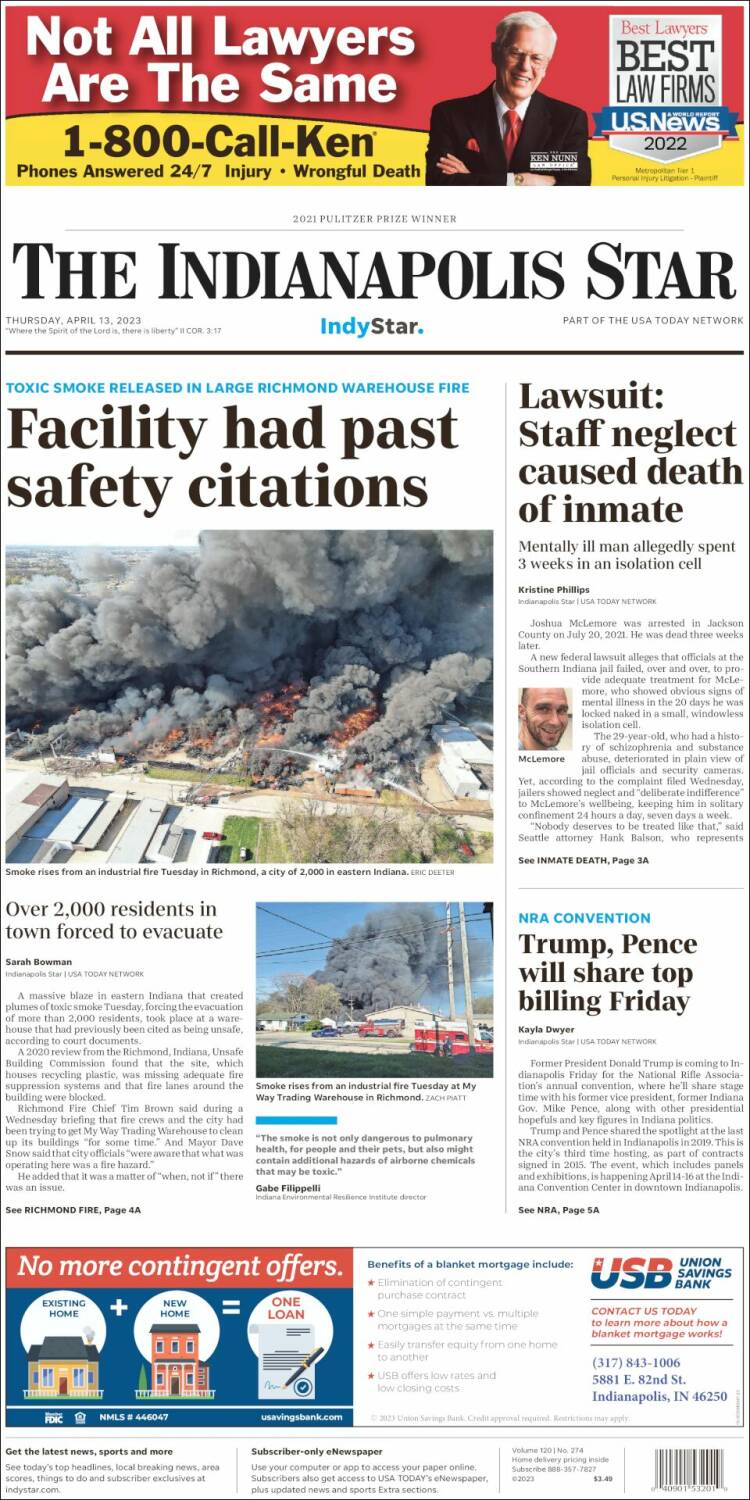 Portada de The Indianapolis Star (États-Unis)